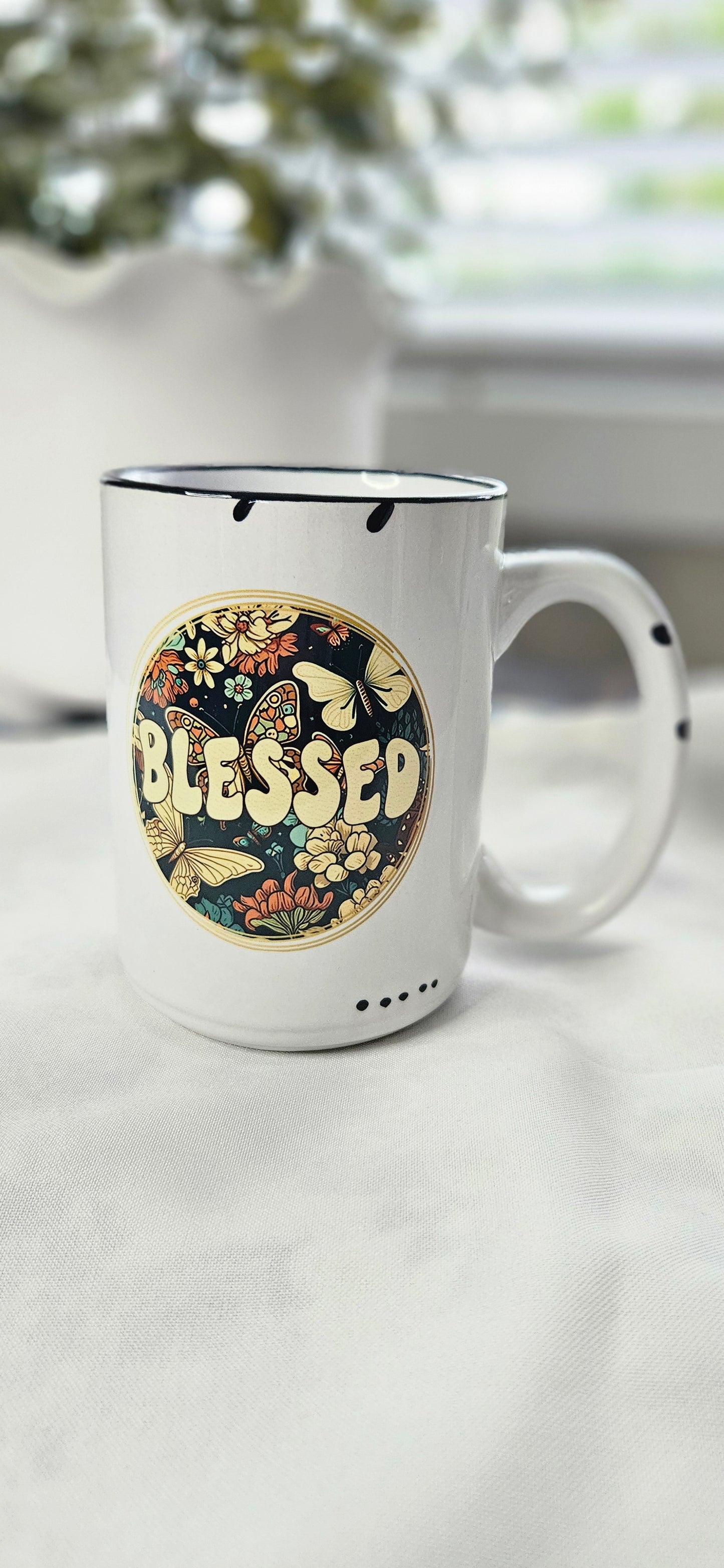 Retro Blessed Flowers and Butterflies - All White Rustic Chipped 15oz Coffee Mug
