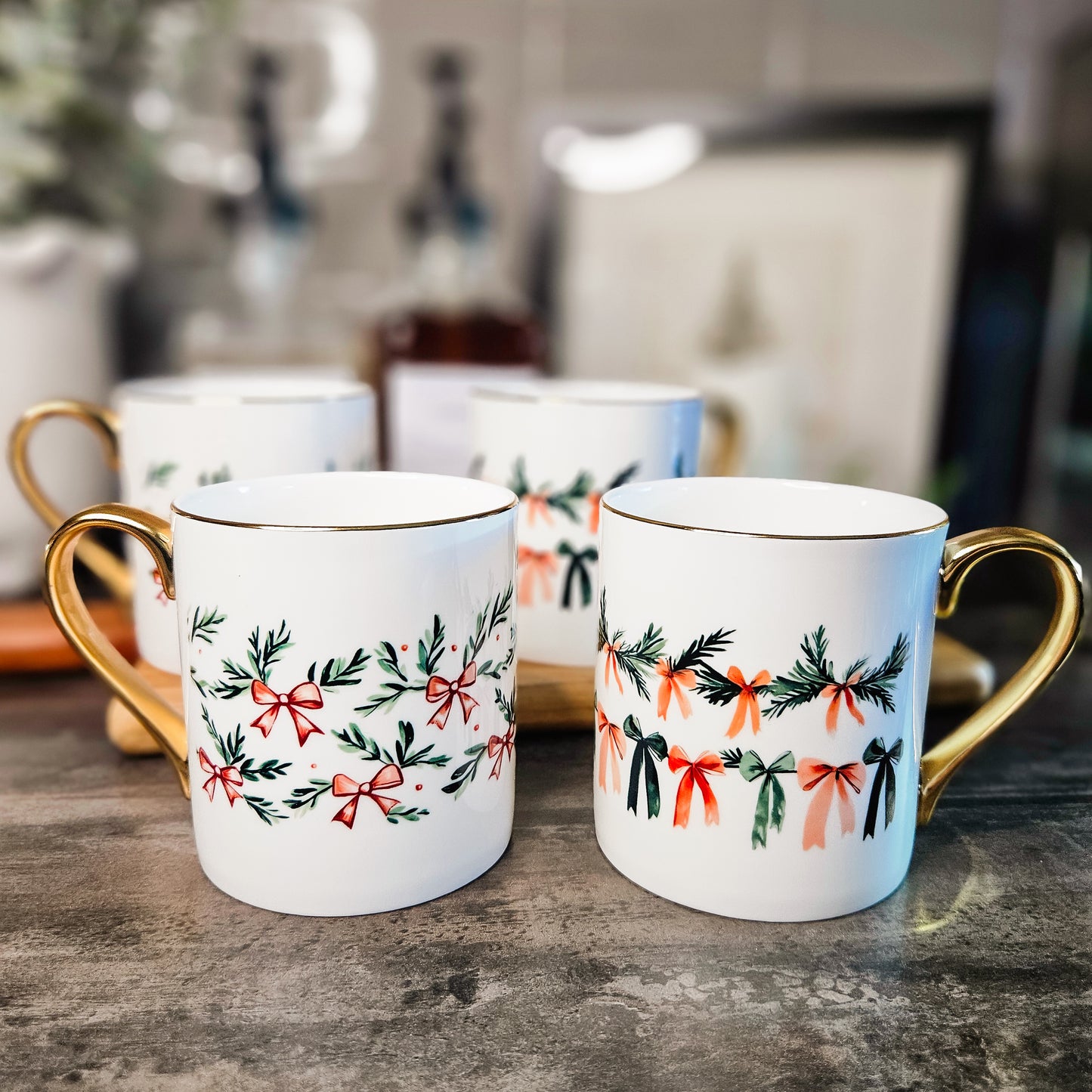 Christmas Gold Handled Mug - Coquette Christmas Red Bows