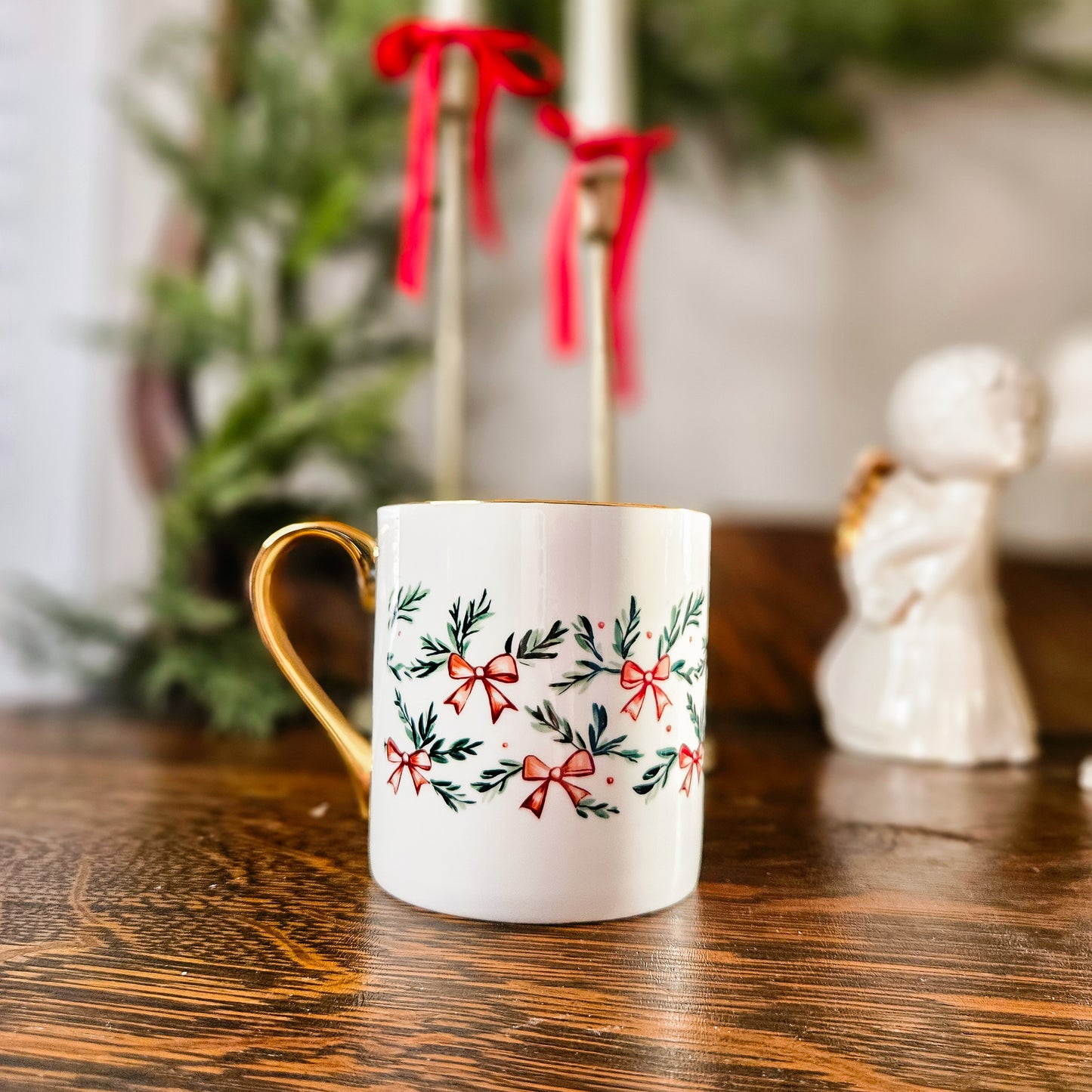 Christmas Gold Handled Mug - Coquette Christmas Red Bows