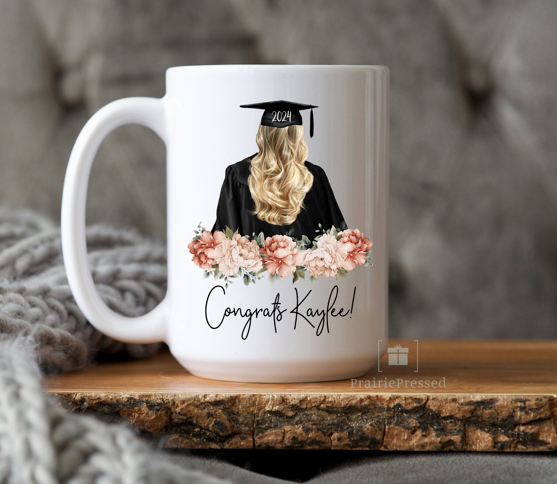 Custom Graduation Ceramic Mug with beautiful Floral Design, Customized with name, Hair Color and Year of Grad