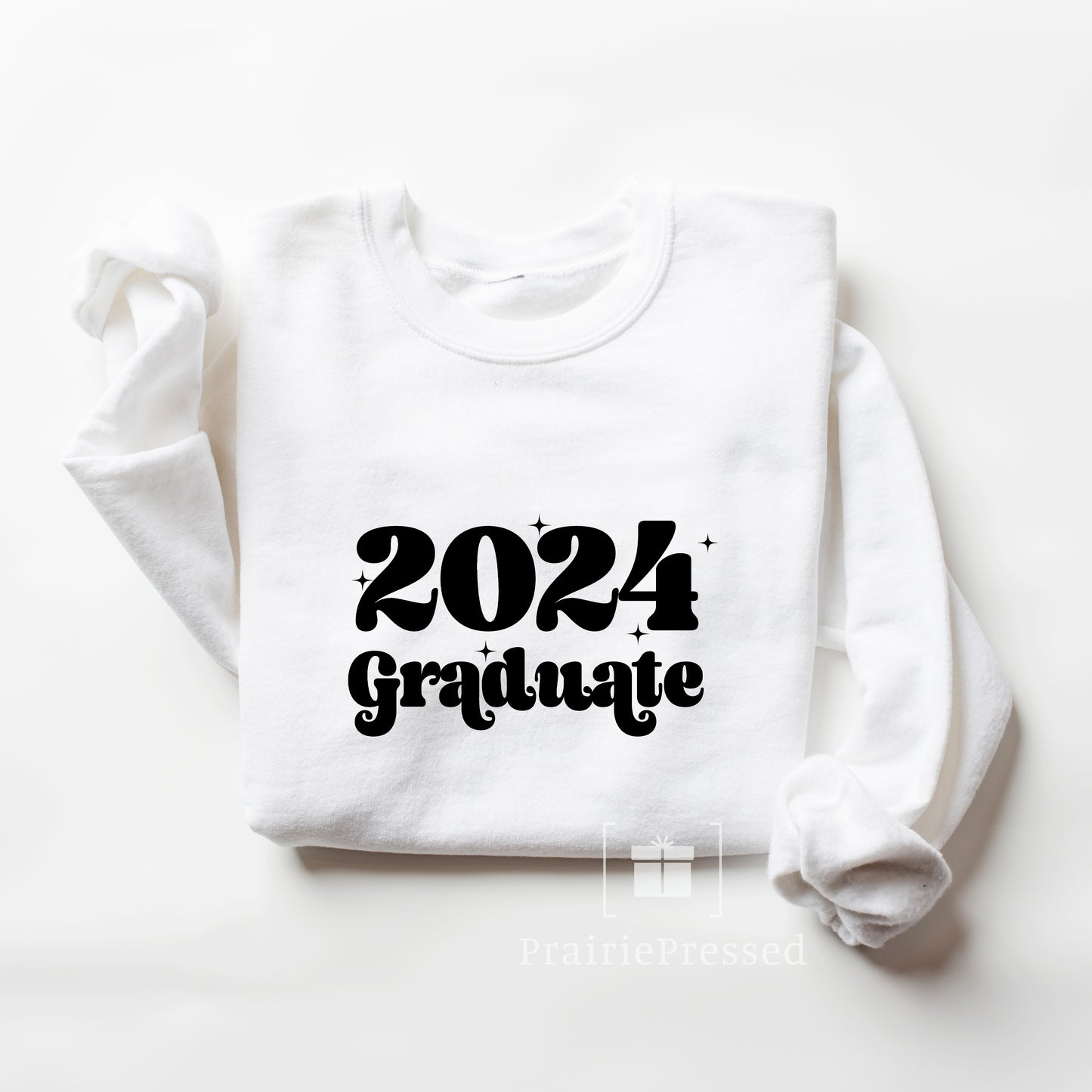 White Crewneck Flatlay lisitng photo of a Grad 2024 Design using retro Font