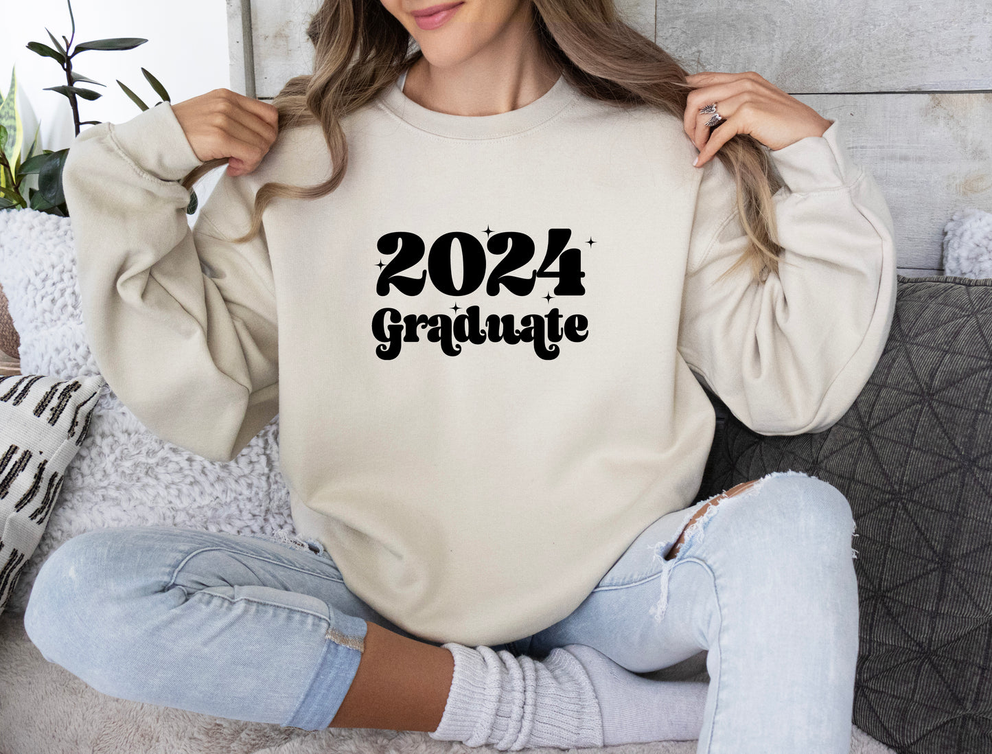 Grad 2024 Comfy Sand Color Crewneck Sweatshirt in Retro Font