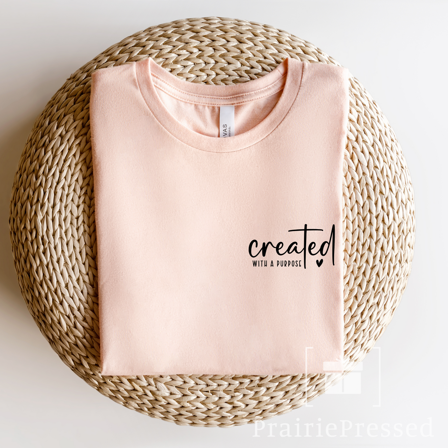 Faith Apparel, Peach Color Soft Tshirt with small design saying Created with a purpose