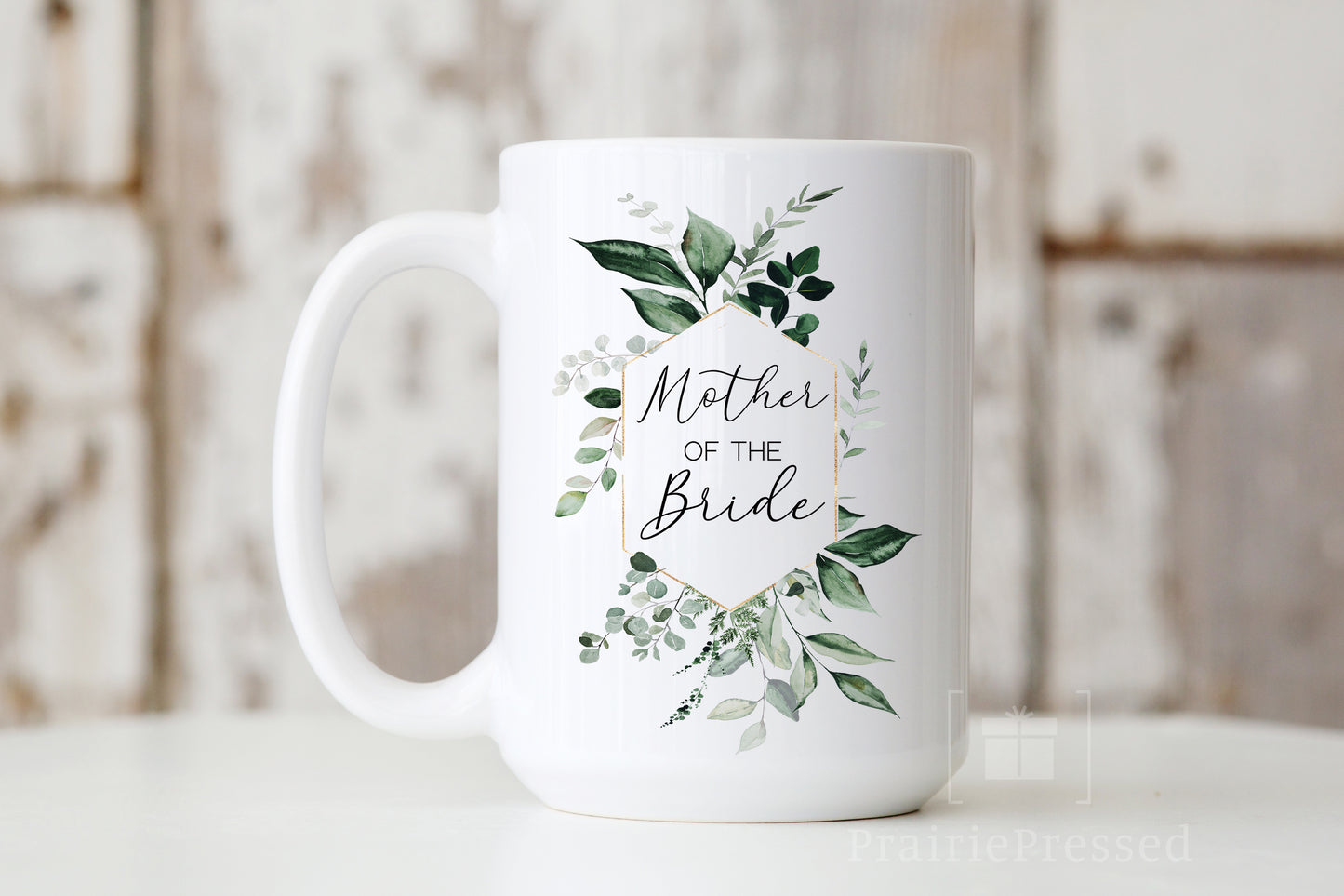 Mother of the Bride Ceramic Coffee Mug beautiful Botanical Greenery frame around classy script font