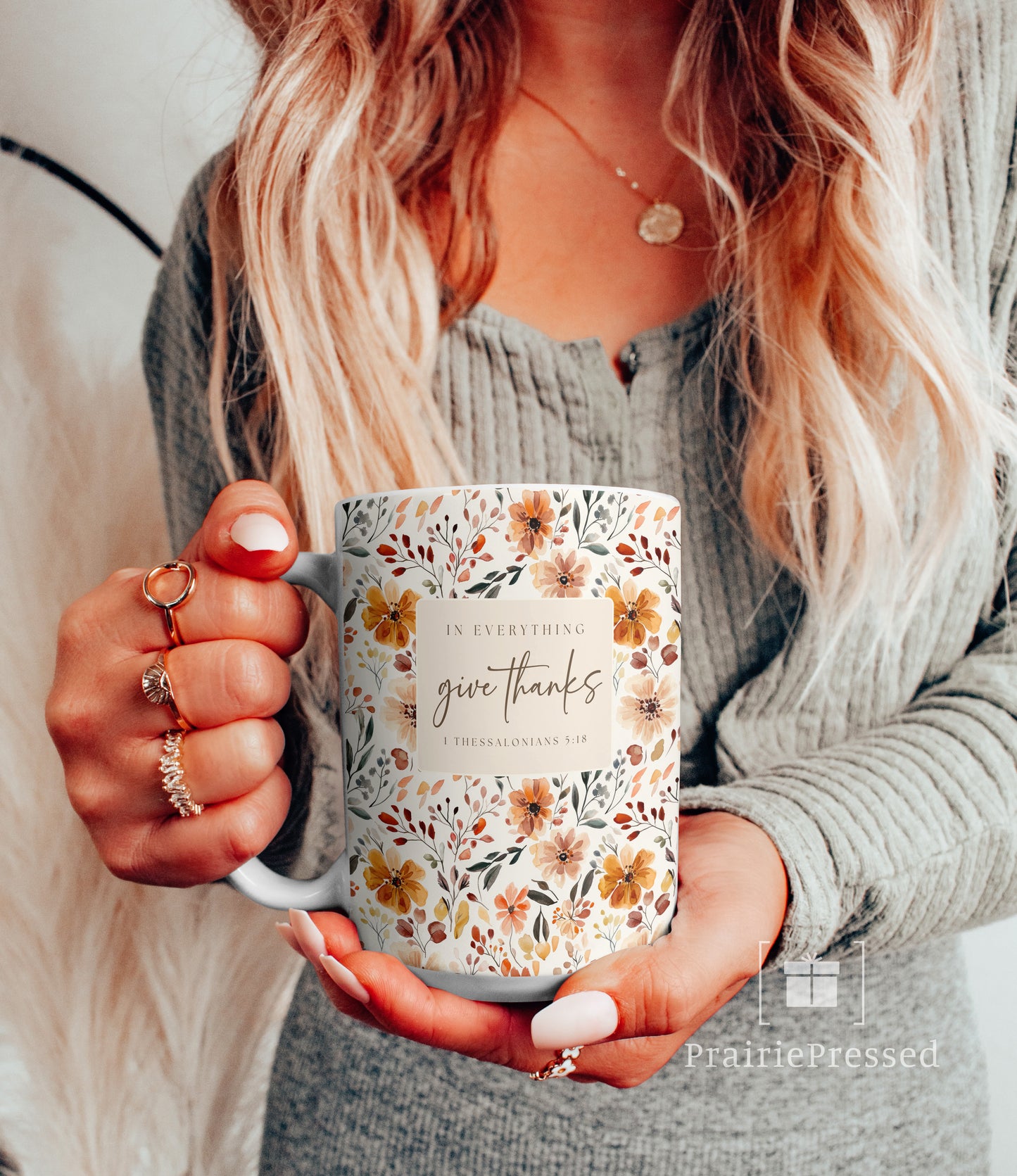 Give Thanks Fall Cottagecore Floral Ceramic Mug
