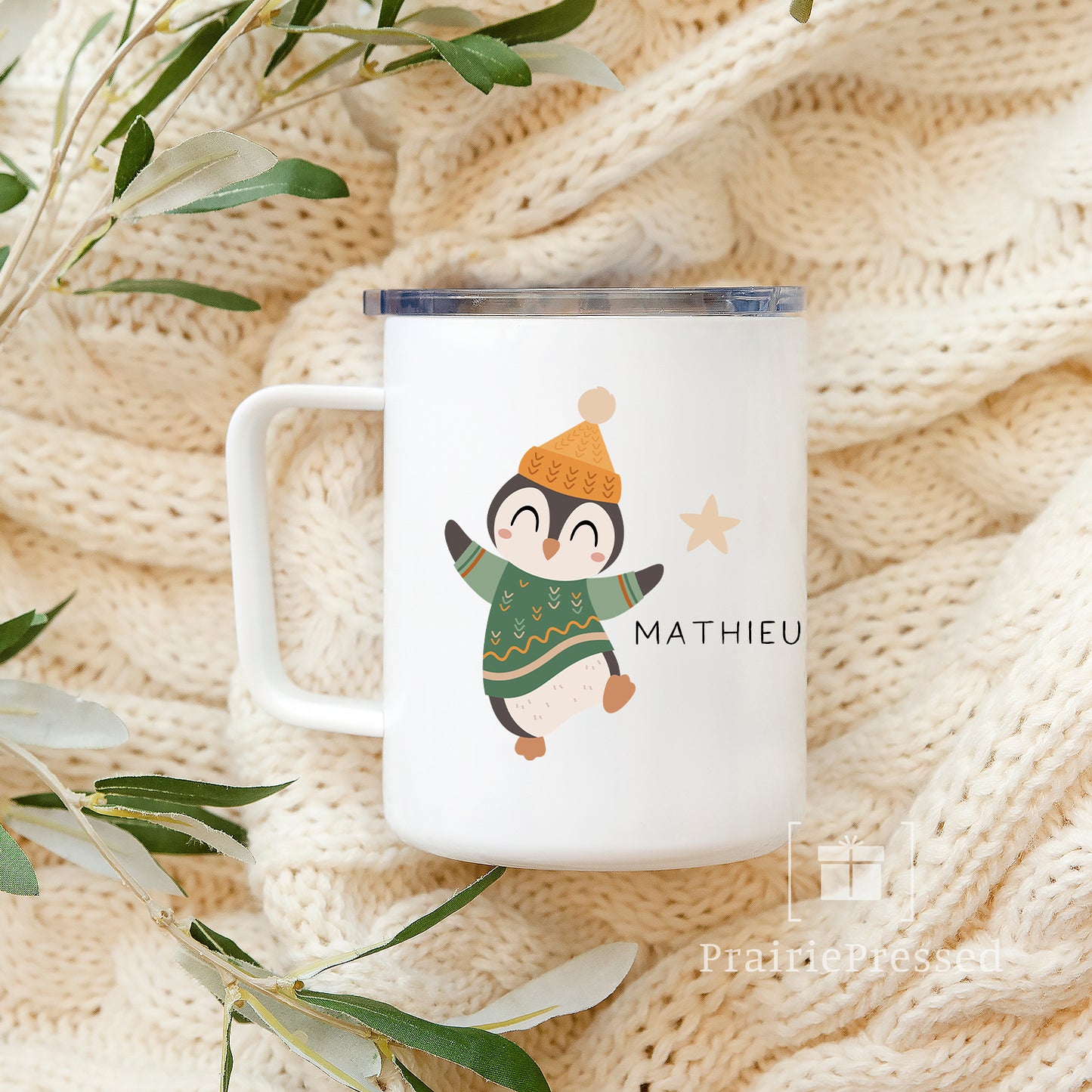 Winter Penguin Camp Mug with Lid