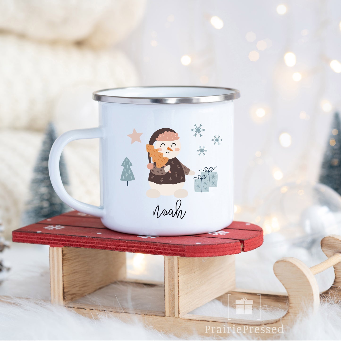 Kids Snowman Hot Chocolate Mugs - Enamel Mug 12oz