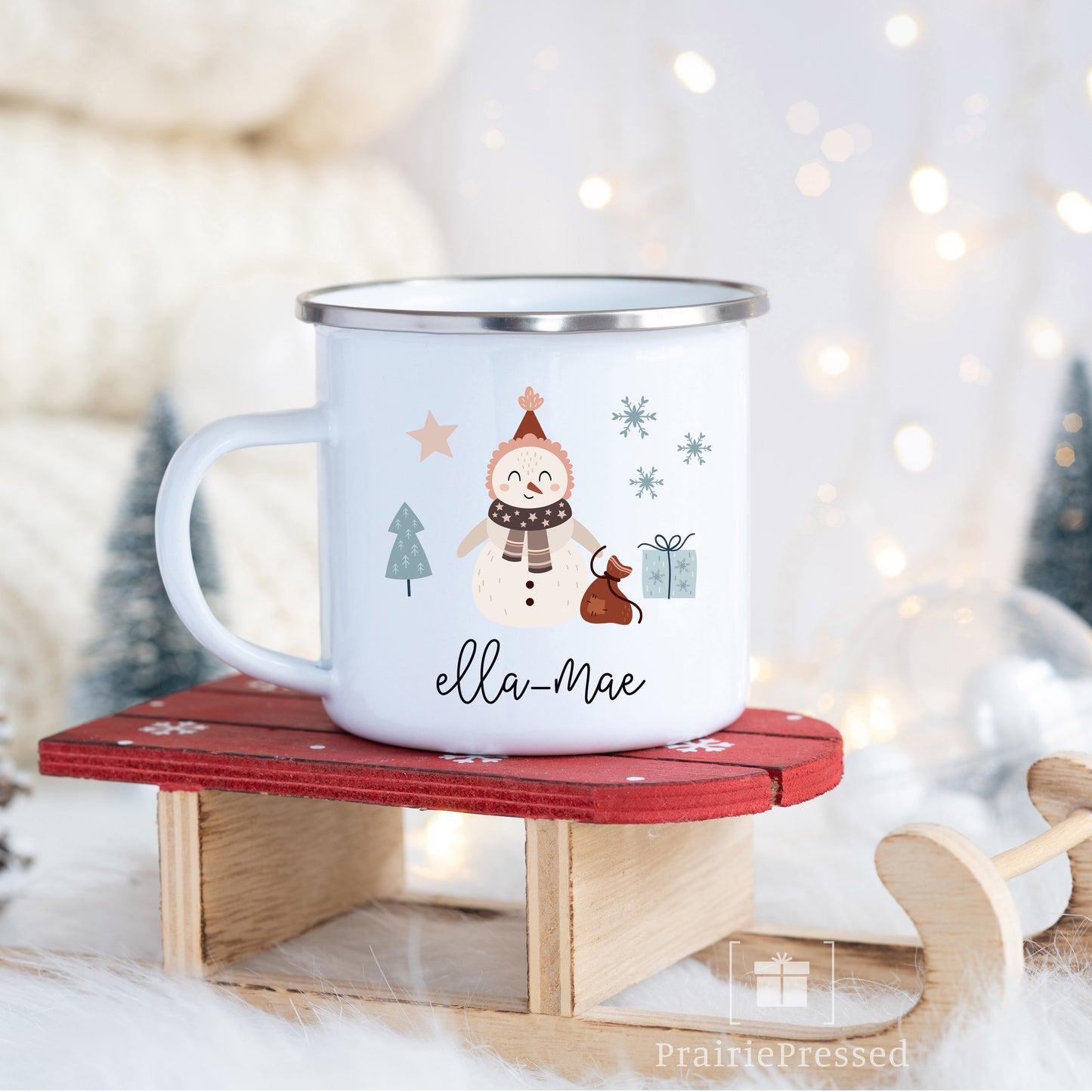 Kids Snowman Hot Chocolate Mugs - Enamel Mug 12oz