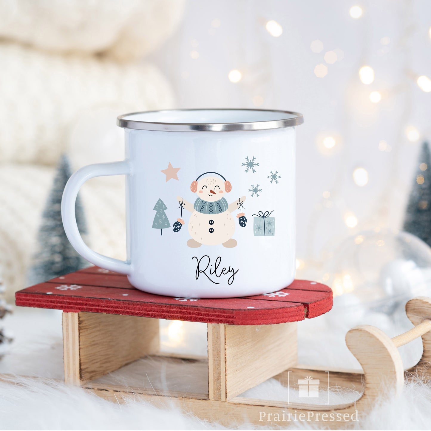 Kids Snowman Hot Chocolate Mugs - Enamel Mug 12oz