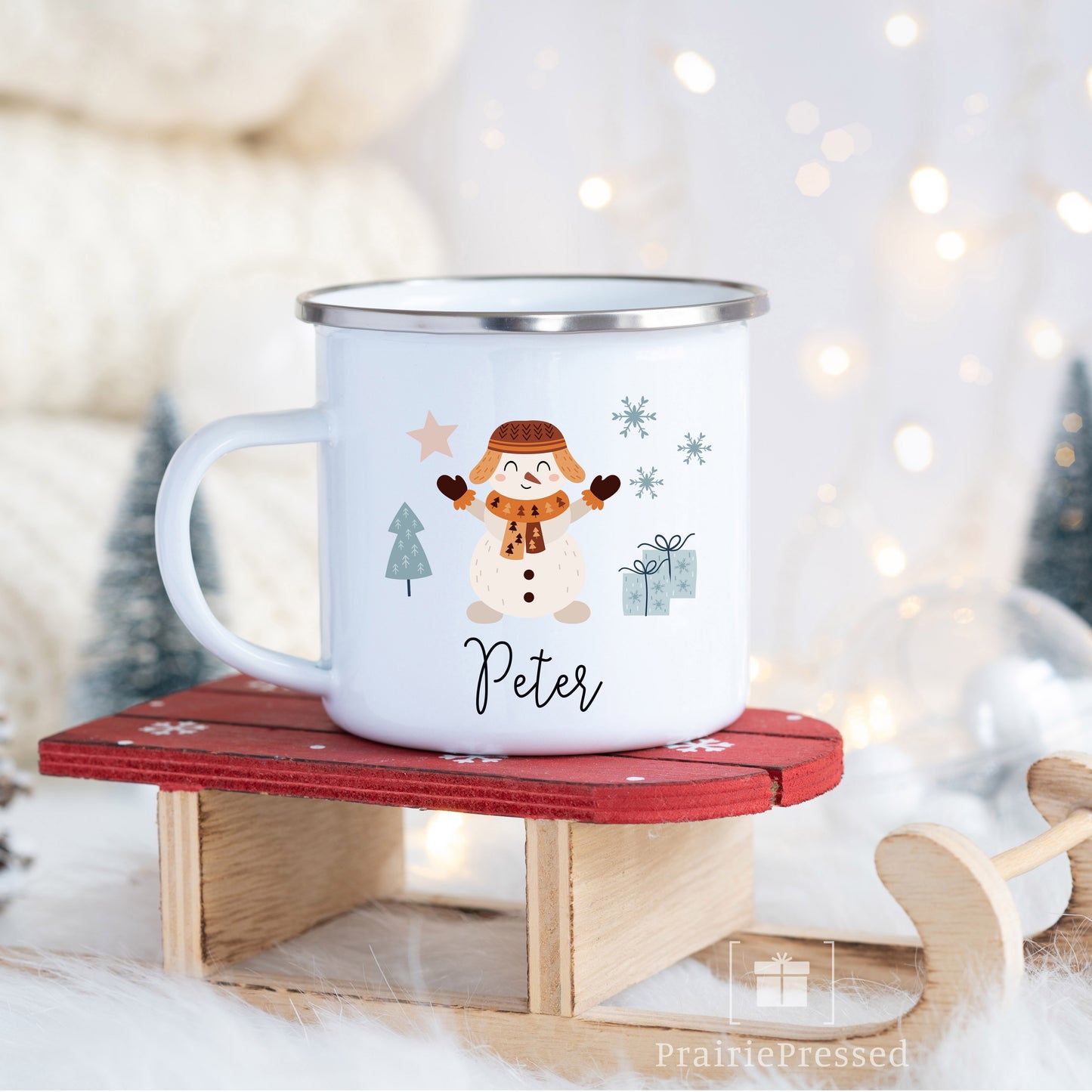Kids Snowman Hot Chocolate Mugs - Enamel Mug 12oz