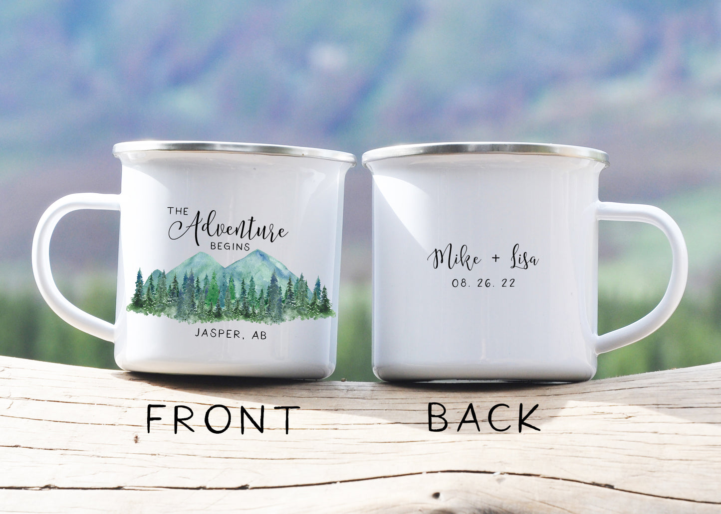 The Adventure Begins Watercolor Mountains Enamel Mug 12oz