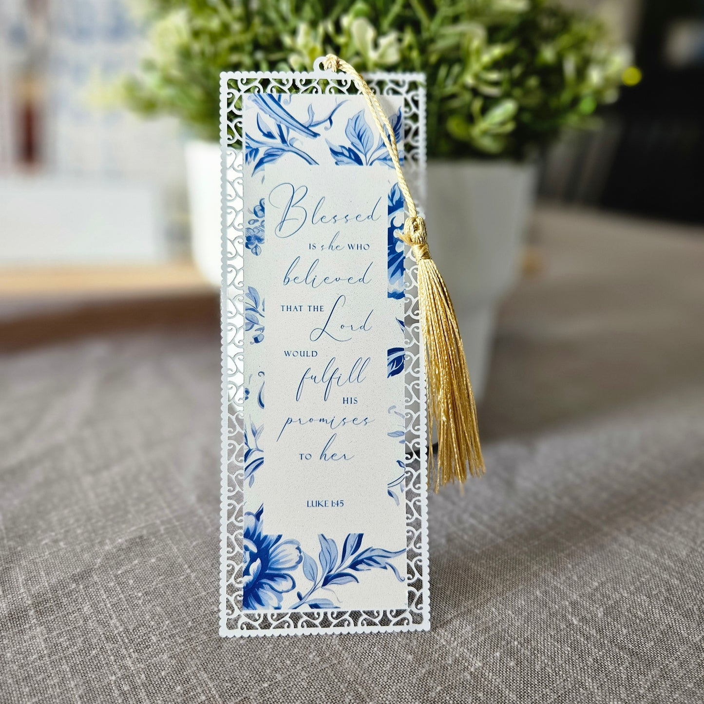 Bookmark - Luke 1:45 Blue Vintage Floral