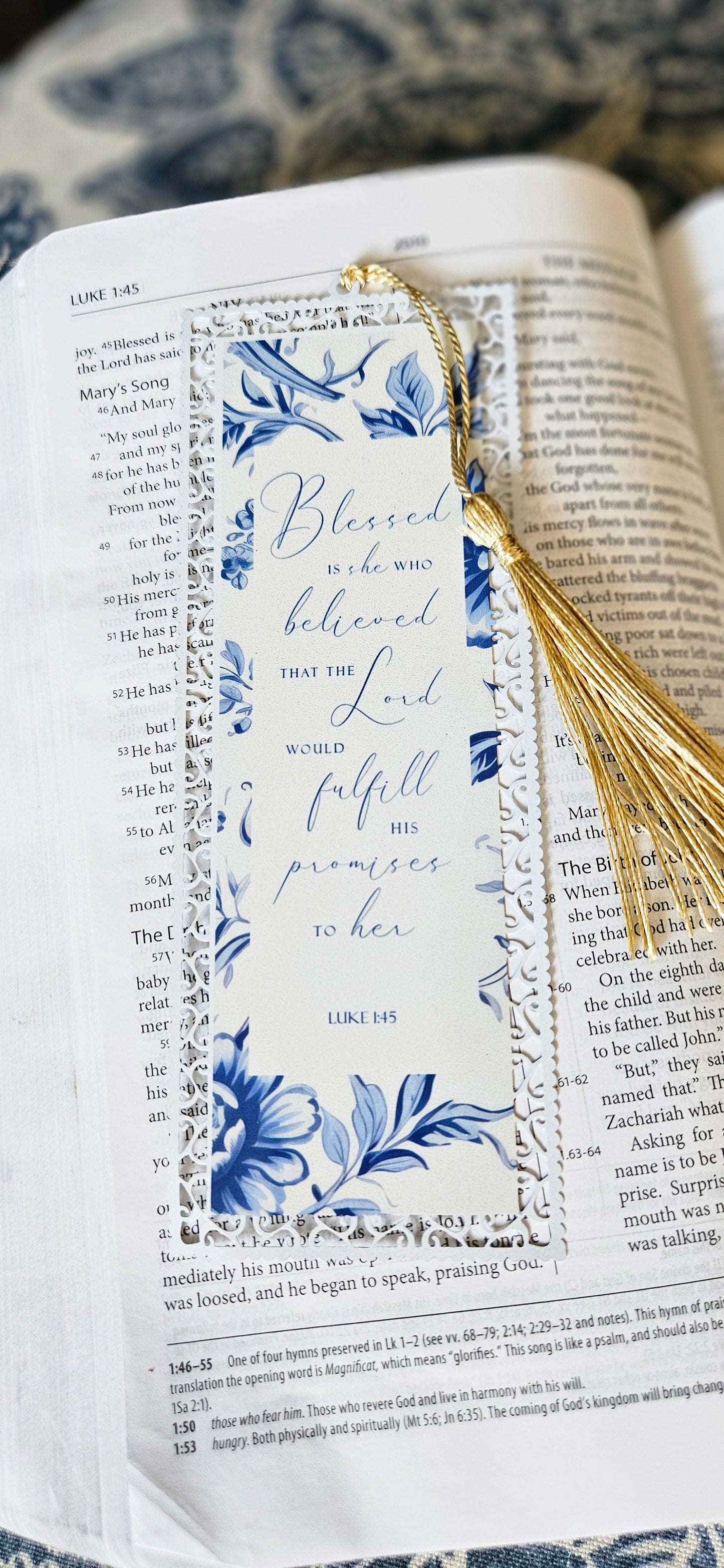 Bookmark - Luke 1:45 Blue Vintage Floral