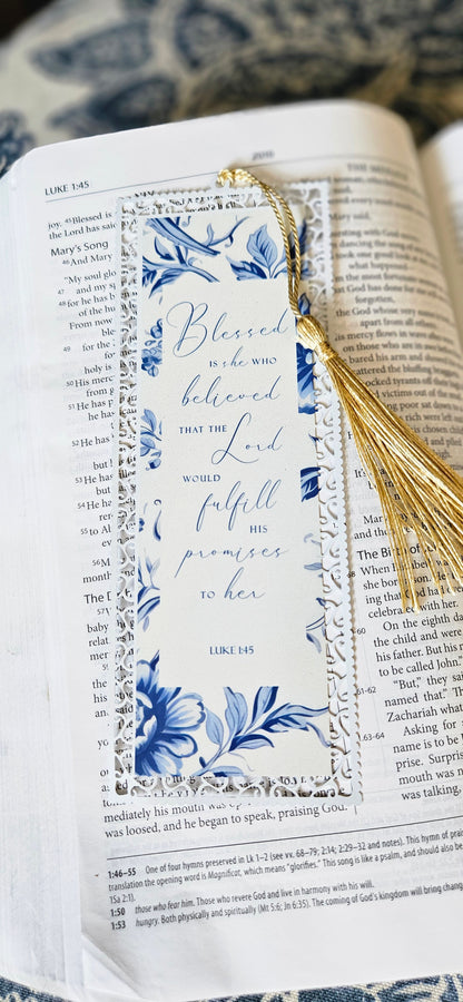 Bookmark - Luke 1:45 Blue Vintage Floral