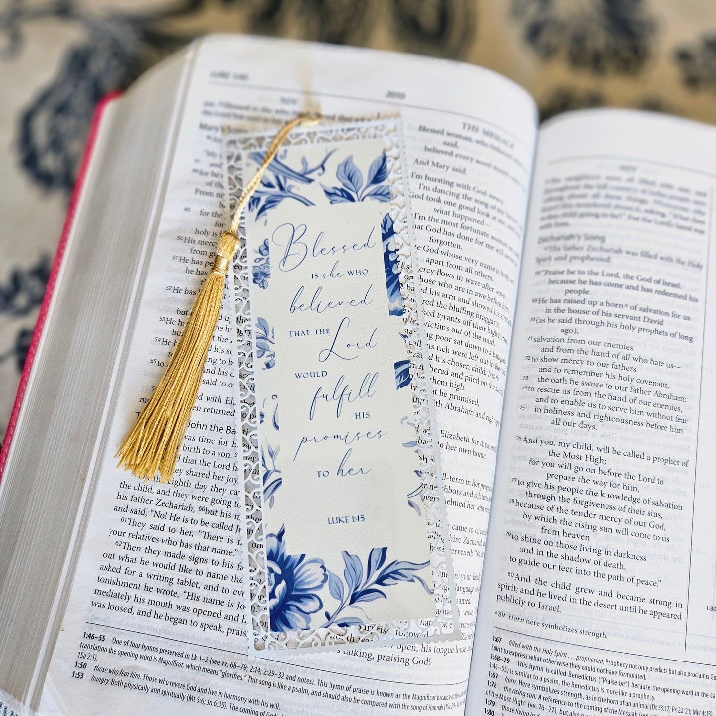 Bookmark - Luke 1:45 Blue Vintage Floral