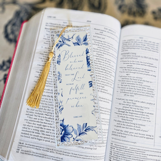 Bookmark - Luke 1:45 Blue Vintage Floral