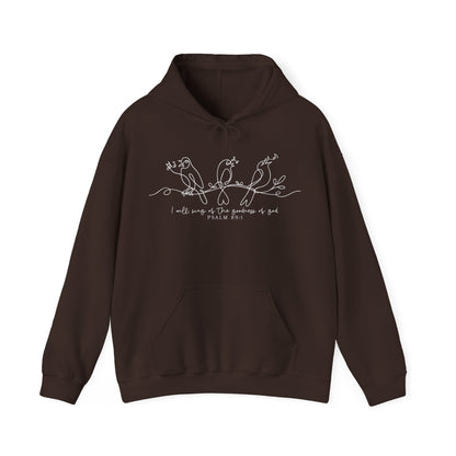 Brown hoodie with a design of three birds on a branch and text "I will Sing of the Goodness of God" on a white background
