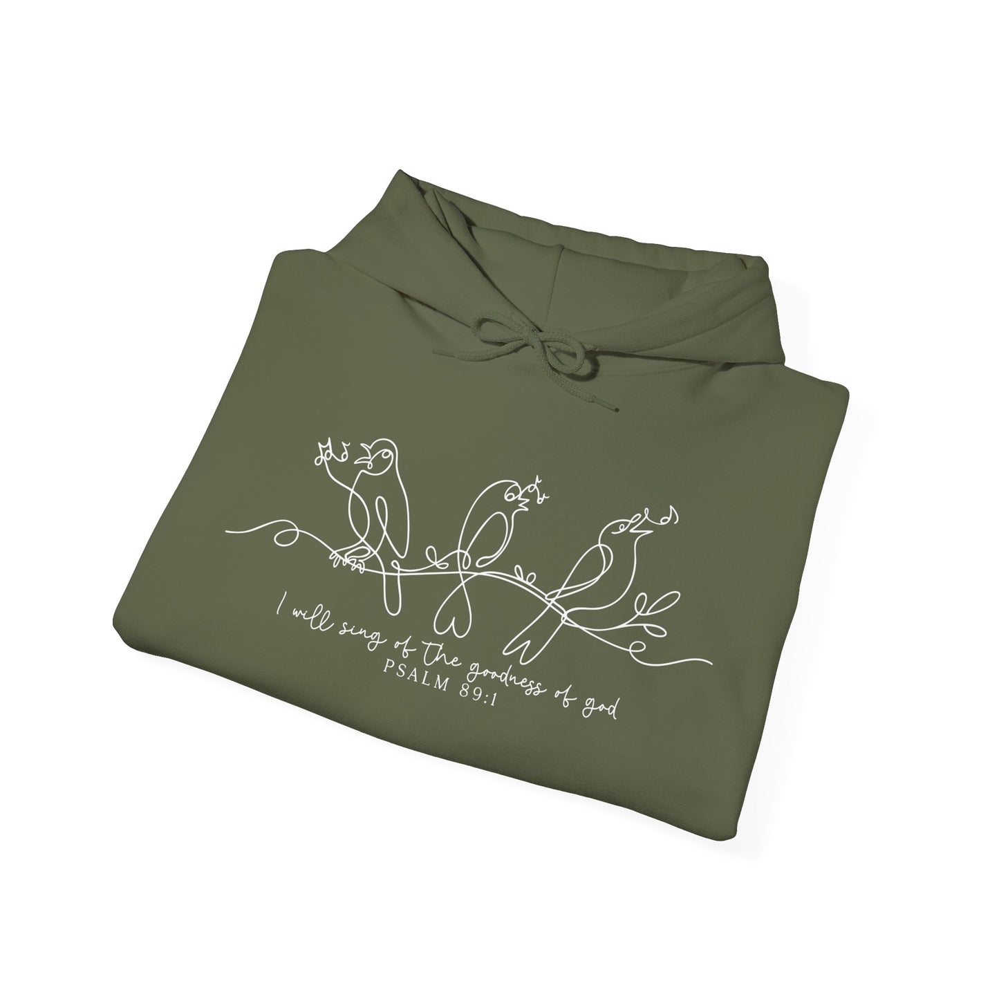 Folded olive green hoodie with a bird design and text "I will Sing of the Goodness of God" on a white background