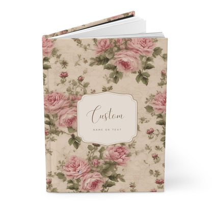 Custom Name or Text Journal - Pink Vintage Rose Pattern