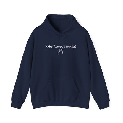 Navy blue hoodie with text and a bow design on a white background