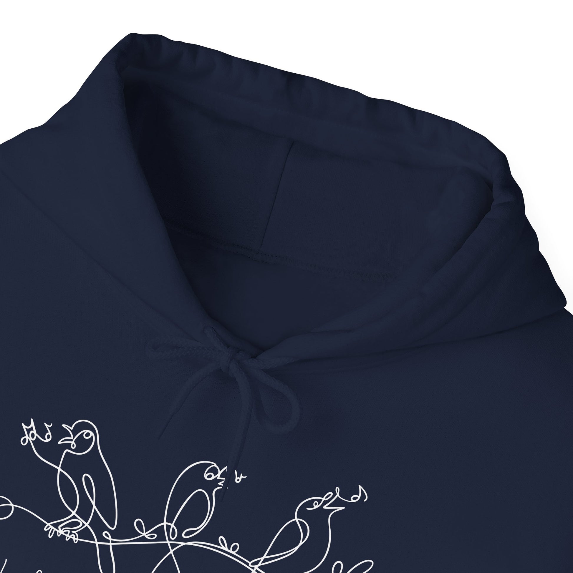 Navy blue hoodie with white bird design on a white background