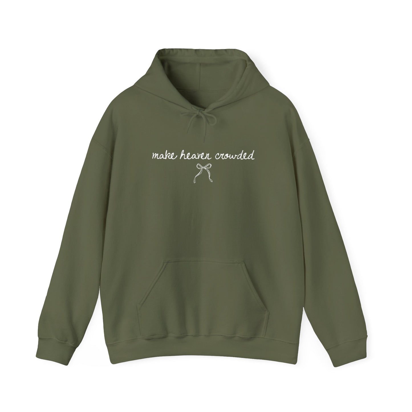 Green hoodie with text and a bow design on a white background