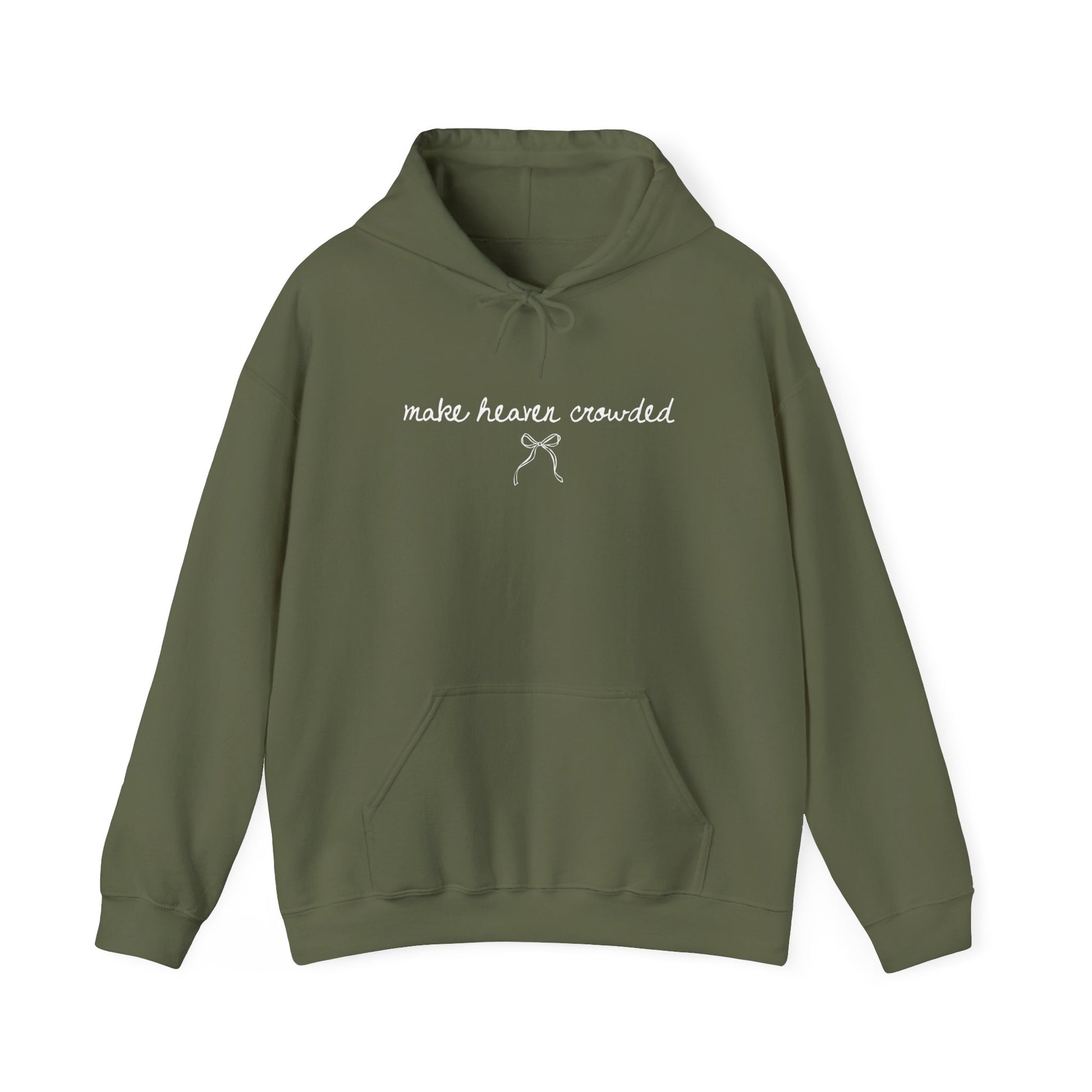 Green hoodie with text and a bow design on a white background