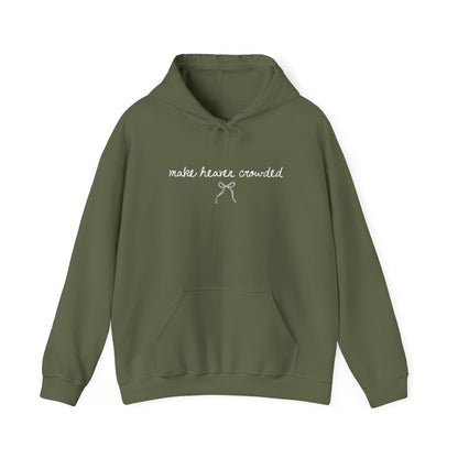 Green hoodie with text and a bow design on a white background