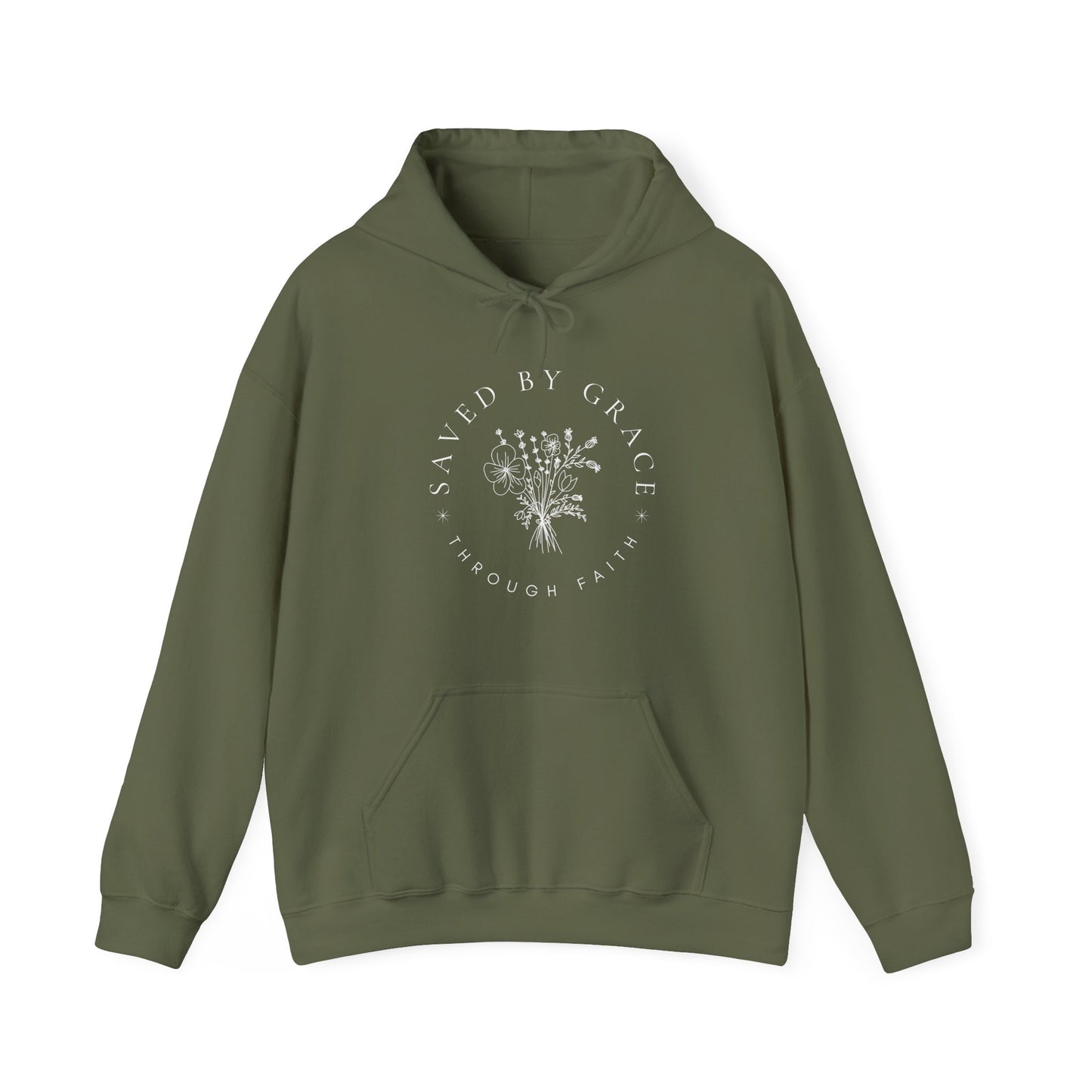Green hoodie with 'Saved by Grace through Faith' text on a white background