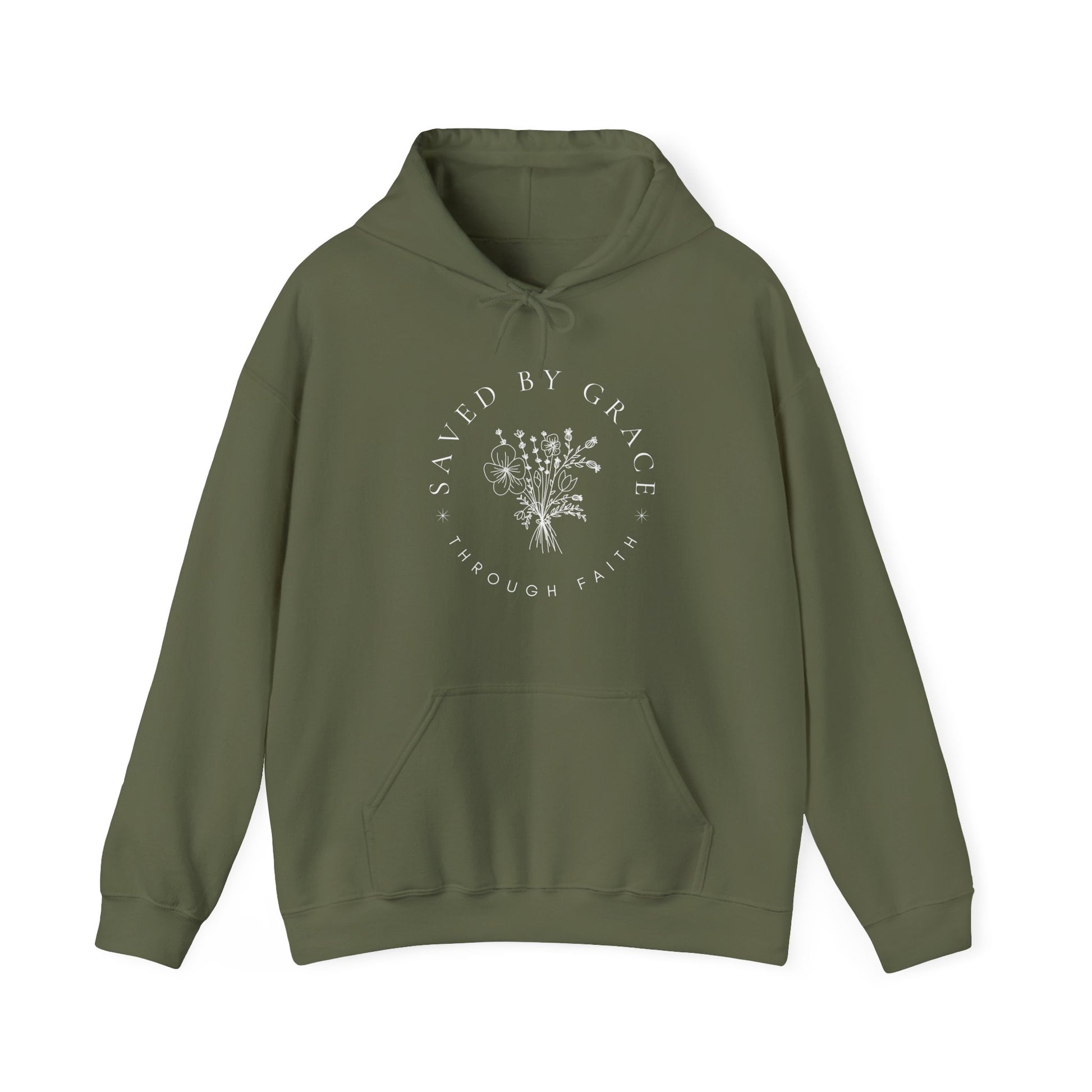 Green hoodie with 'Saved by Grace through Faith' text on a white background