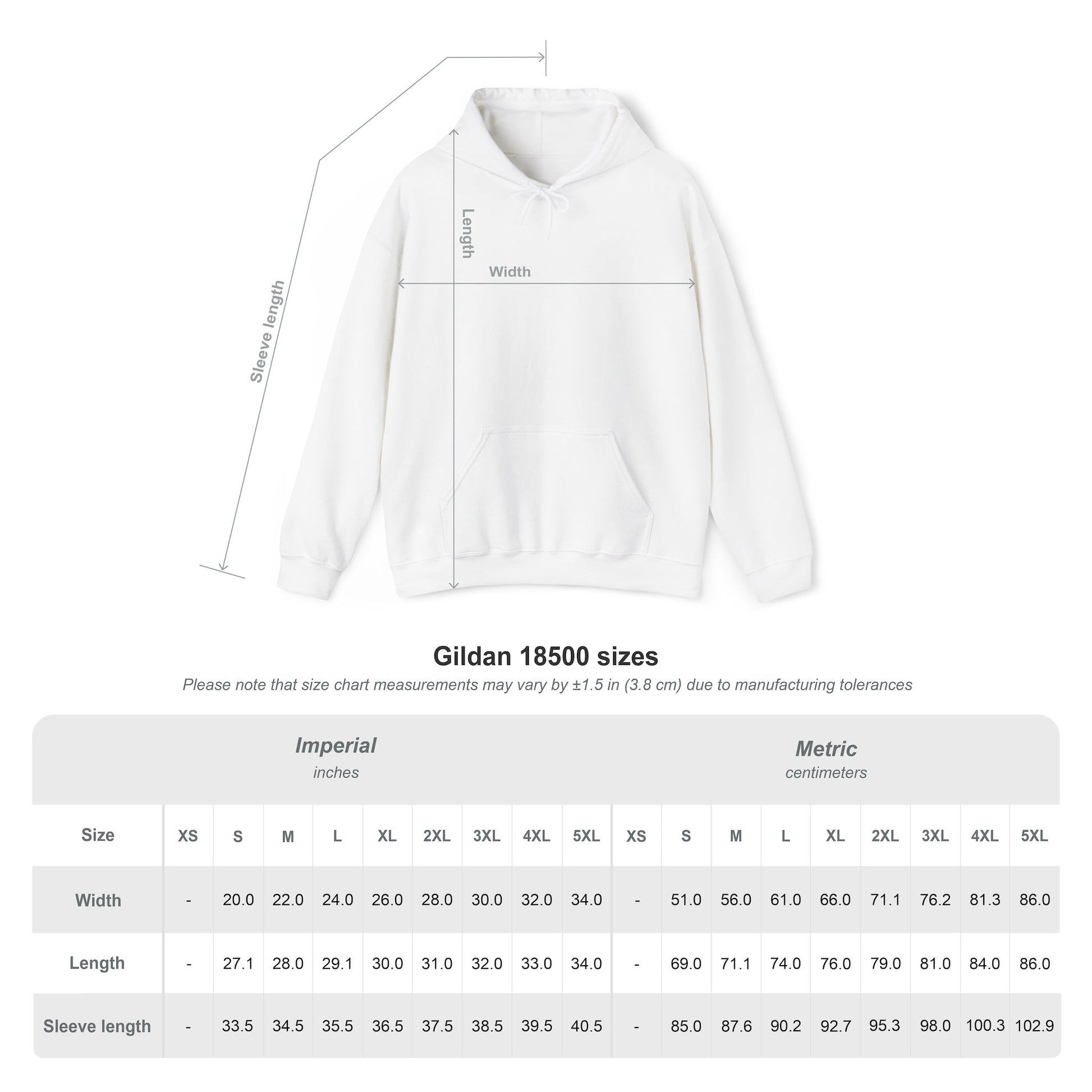 White hoodie with measurement chart  sizing guide on a white background