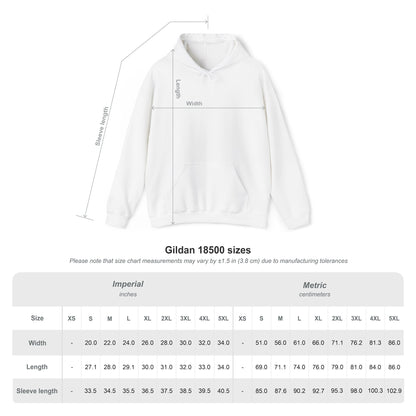 White hoodie with measurement chart  sizing guide on a white background