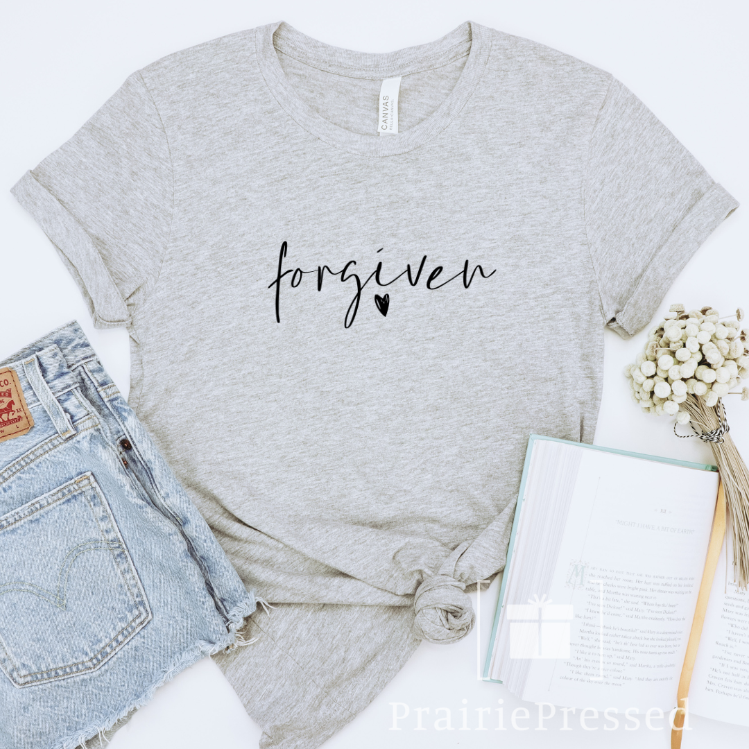 Forgiven Christian Shirt - Peach T-shirt with cute script "forgiven" with a heart