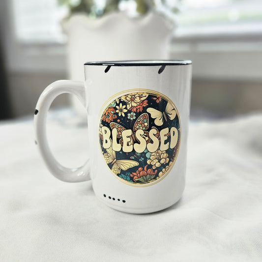 Retro Blessed Flowers and Butterflies - All White Rustic Chipped 15oz Coffee Mug