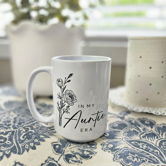 In My Auntie Era Wildflower All White 15oz  Coffee Mug