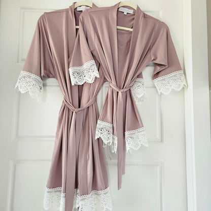 Mauve Jersey Knit Robe With Lace Trim - 2 Sizes Available