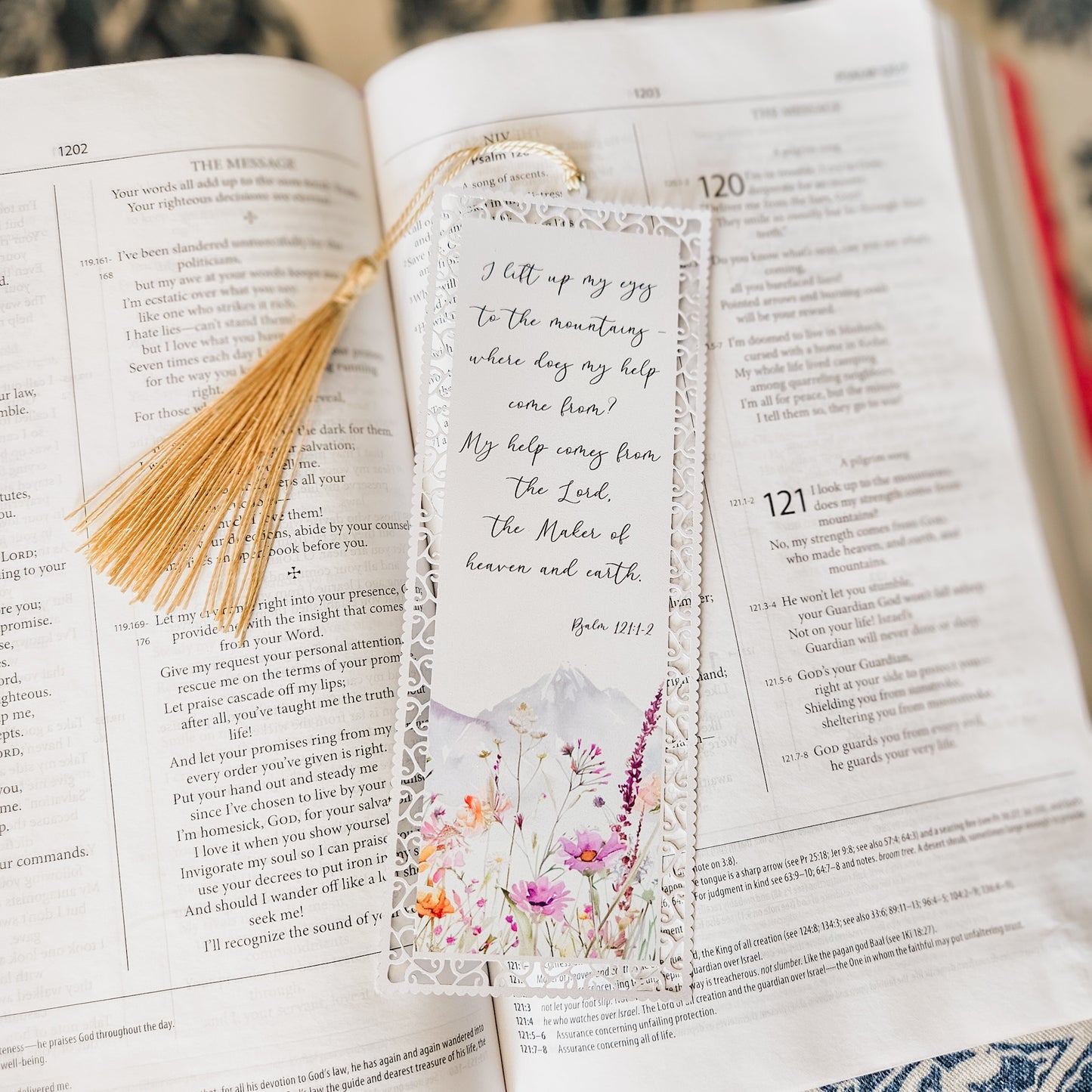 Bookmark - Psalms 121:1-2 Watercolor Mountain Wildflower Scene