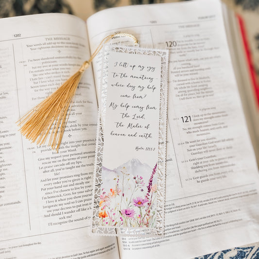 Bookmark - Psalms 121:1-2 Watercolor Mountain Wildflower Scene