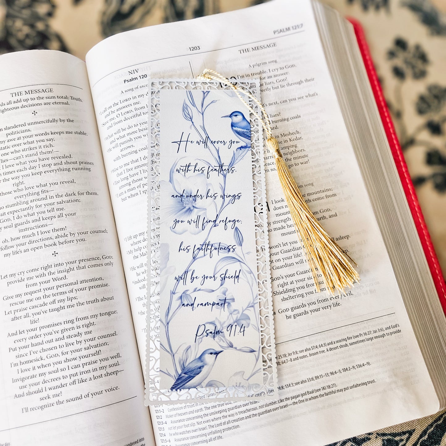 Bookmark - Psalm 91:4 Blue Bird Chinoiserie Floral