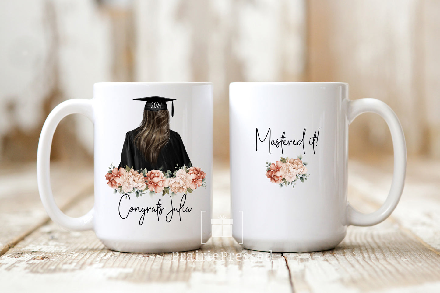 Custom Graduation Ceramic Mug with beautiful Floral Design, Customized with name, Hair Color and Year of Grad