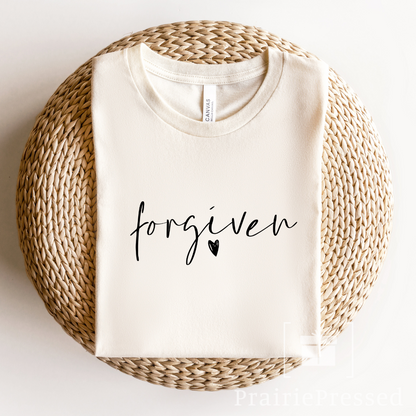 Christian Shirt - Peach T-shirt with cute script "forgiven" with a heart