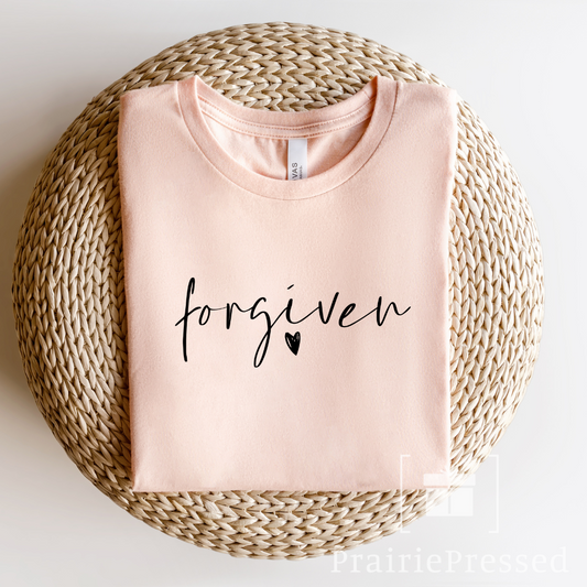 Christian Shirt - Peach T-shirt with cute script "forgiven" with a heart