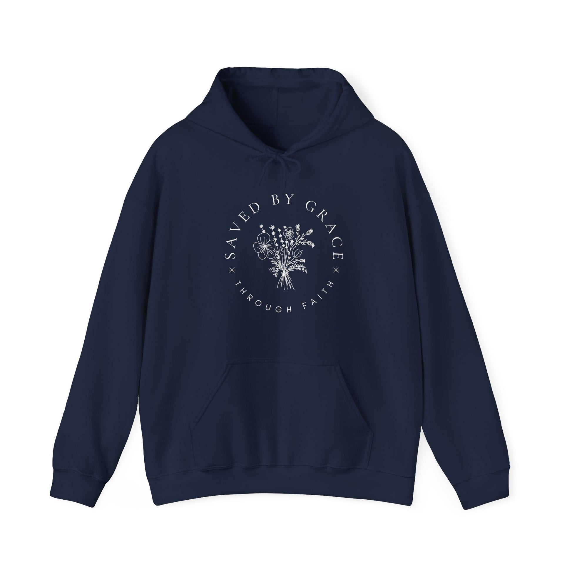 Navy blue hoodie with 'Saved by Grace Through Faith' text and floral design on a white background