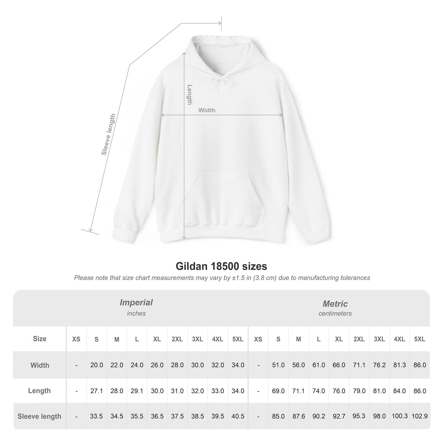 White hoodie with measurement chart sizing guide 