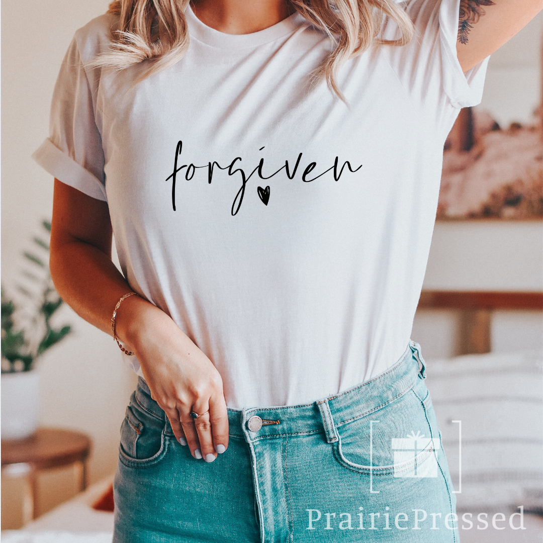 Faith Based Apparel Christian Shirt - Peach T-shirt with cute script "forgiven" with a heart