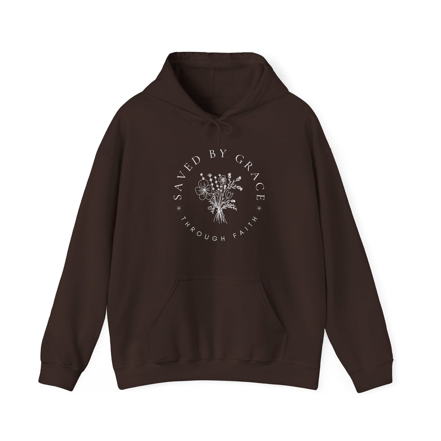 Brown hoodie with 'Saved by Grace Through Faith' text and floral design on a white background