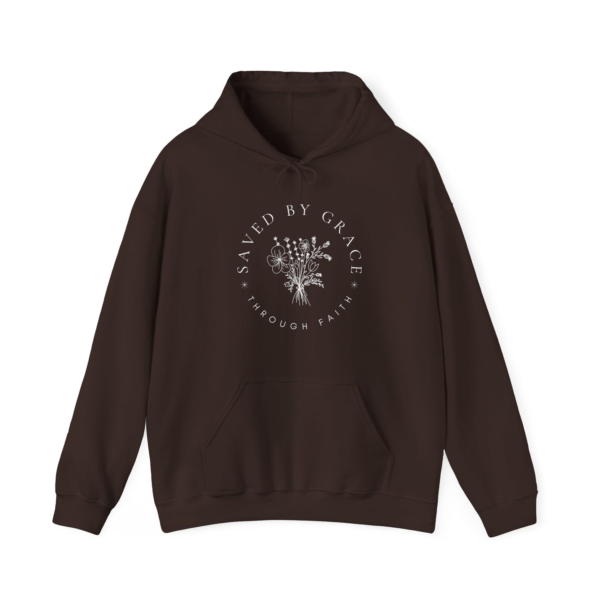 Brown hoodie with 'Saved by Grace Through Faith' text and floral design on a white background