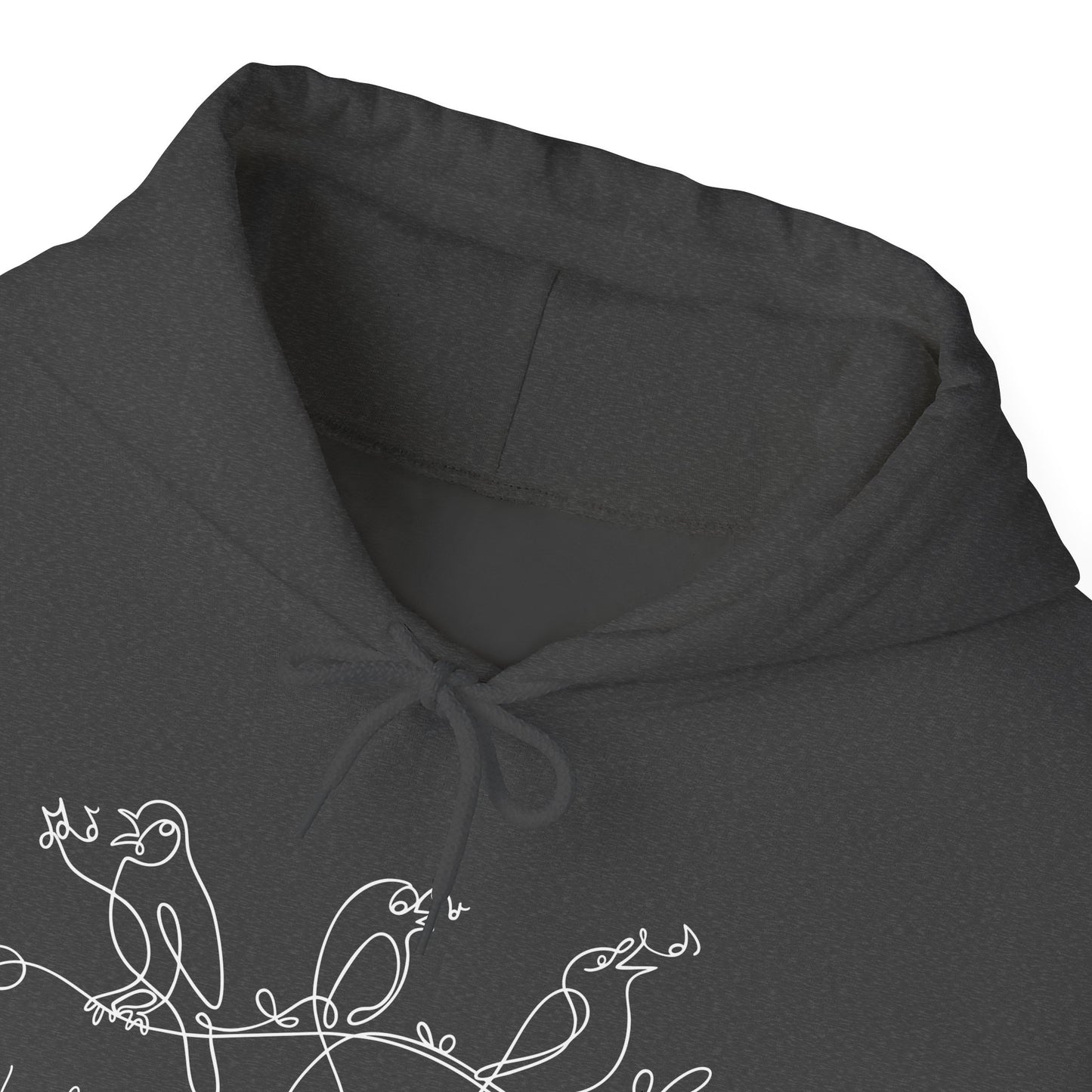 Dark gray hoodie with white bird design "I will Sing of the Goodness of God" on a white background