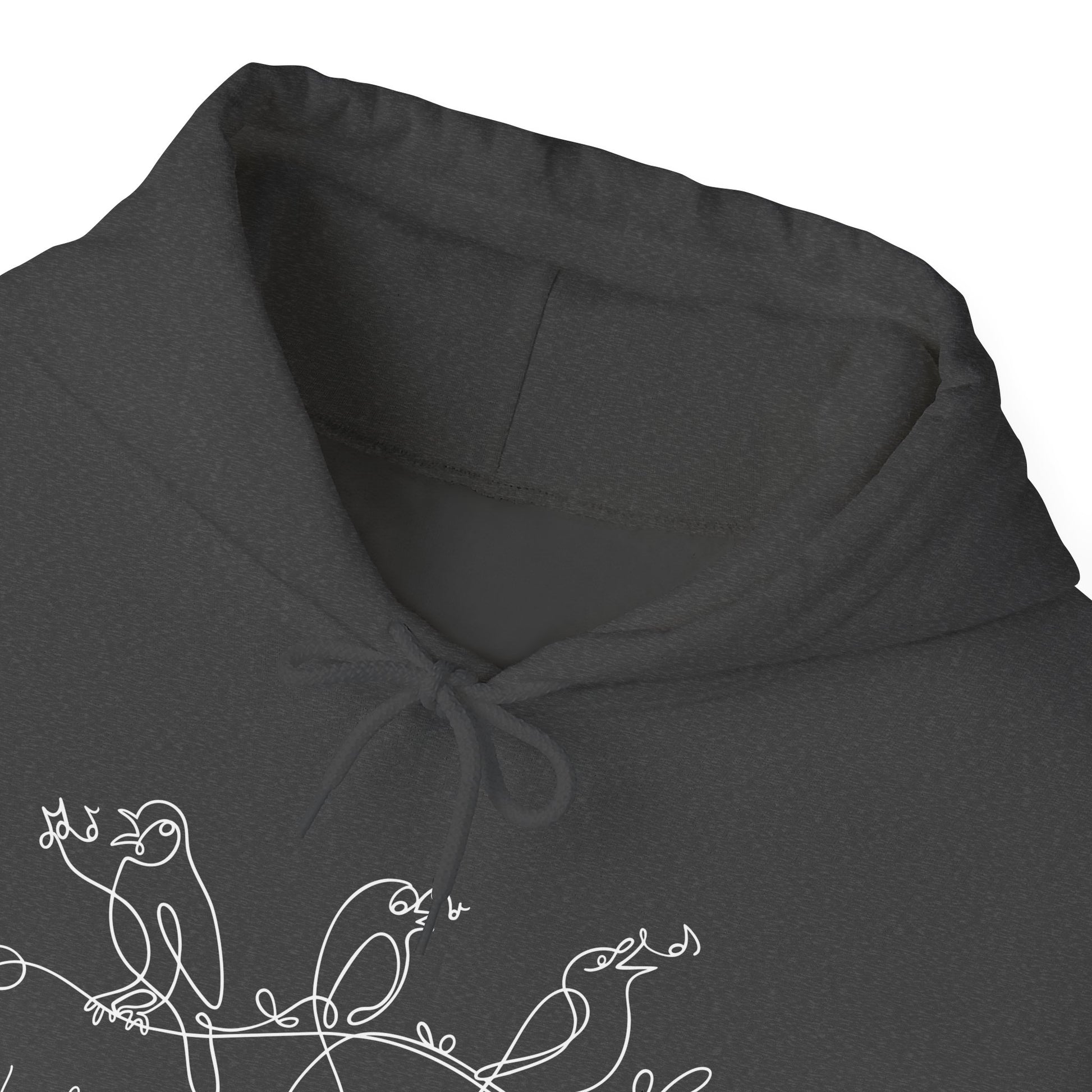 Dark gray hoodie with white bird design "I will Sing of the Goodness of God" on a white background
