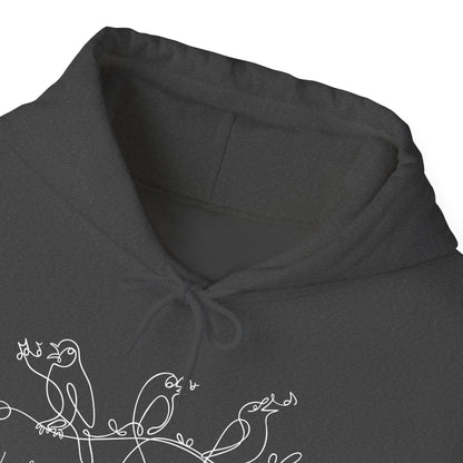 Dark gray hoodie with white bird design "I will Sing of the Goodness of God" on a white background